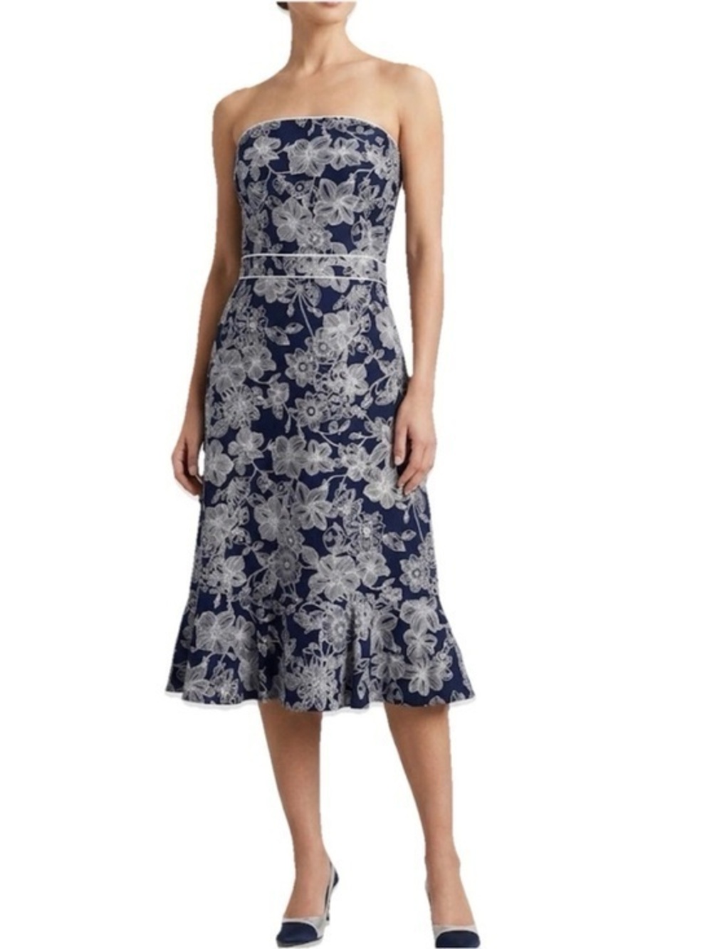 Ann Taylor LOFT Floral Dress Strapless Flowers Butterflies Black White Lined 6